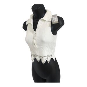 white cz diamond rhinestone heart shape scallop hem crop knit top size Small new